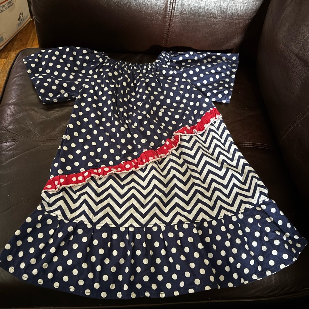 Navy Polka Dot and Chevron Kids Casual Dress